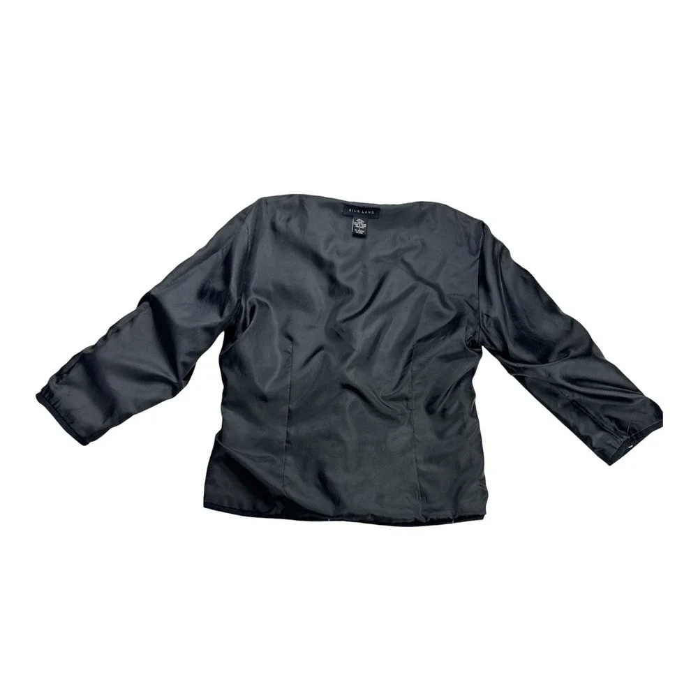 Silk Land Women's L Black 100% Silk Floral Embroidered Jacket 3/4 Sleeve